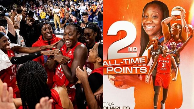 Basketball fans react to Tina Charles surpassing Tina Thompson for second on the WNBA all-time career points leaderboard. [photo: @atlantadream, @WNBA]