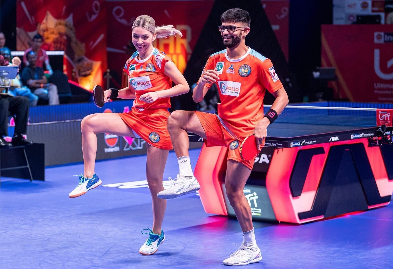 Bernadette Szocs and Manush Shah celebrate after winning their match, Image credits: UTT