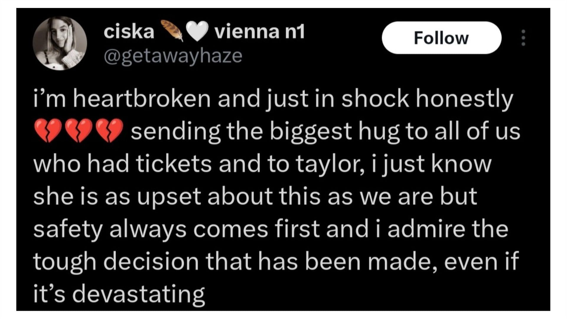 A fan reacted to the canceled Taylor Swift concert in Vienna, (Photo via @getawayhaze/X)