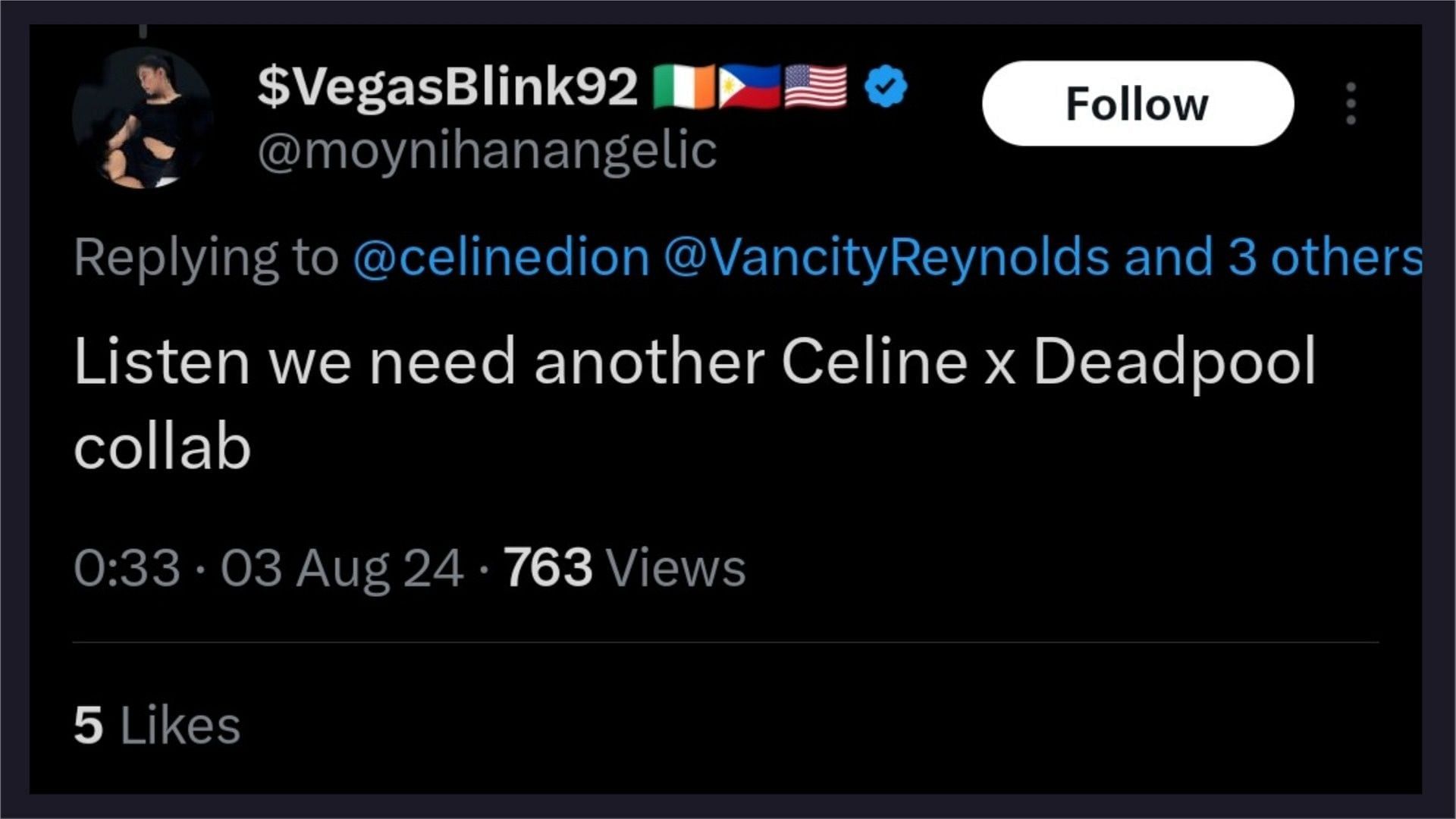 A fan reacted to Celine Dion&#039;s latest tweet regarding Deadpool &amp; Wolverine, (Photo via @moynihanangelic/Instagram)