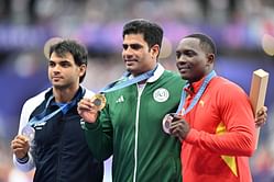 [In Pictures] Neeraj Chopra shares the podium with Arshad Nadeem and Anderson Peters at Paris Olympics 2024