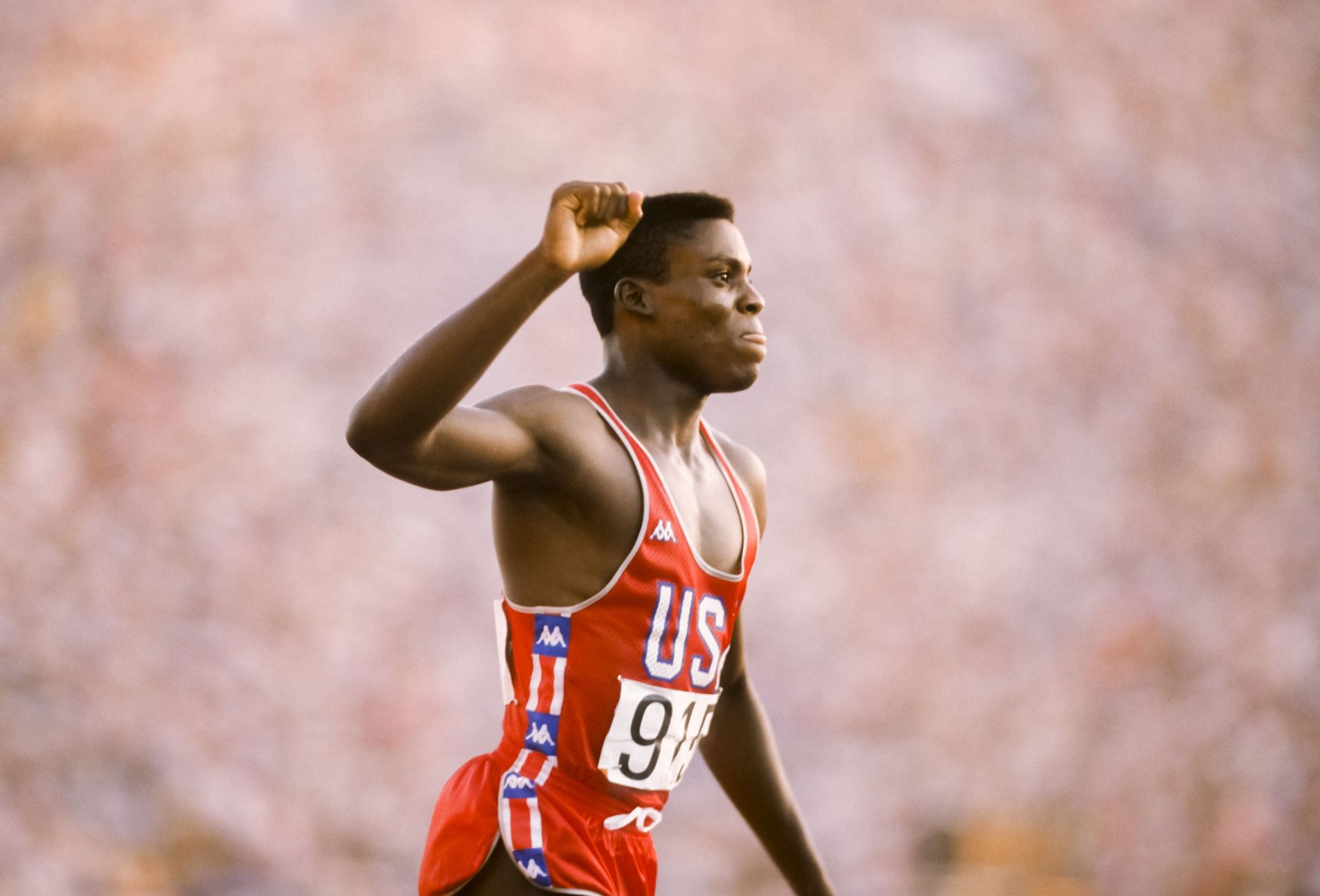 Carl Lewis in the Men&#039;s 100 meter race of the 1984 Olympic Games. (Photo via Getty Images)