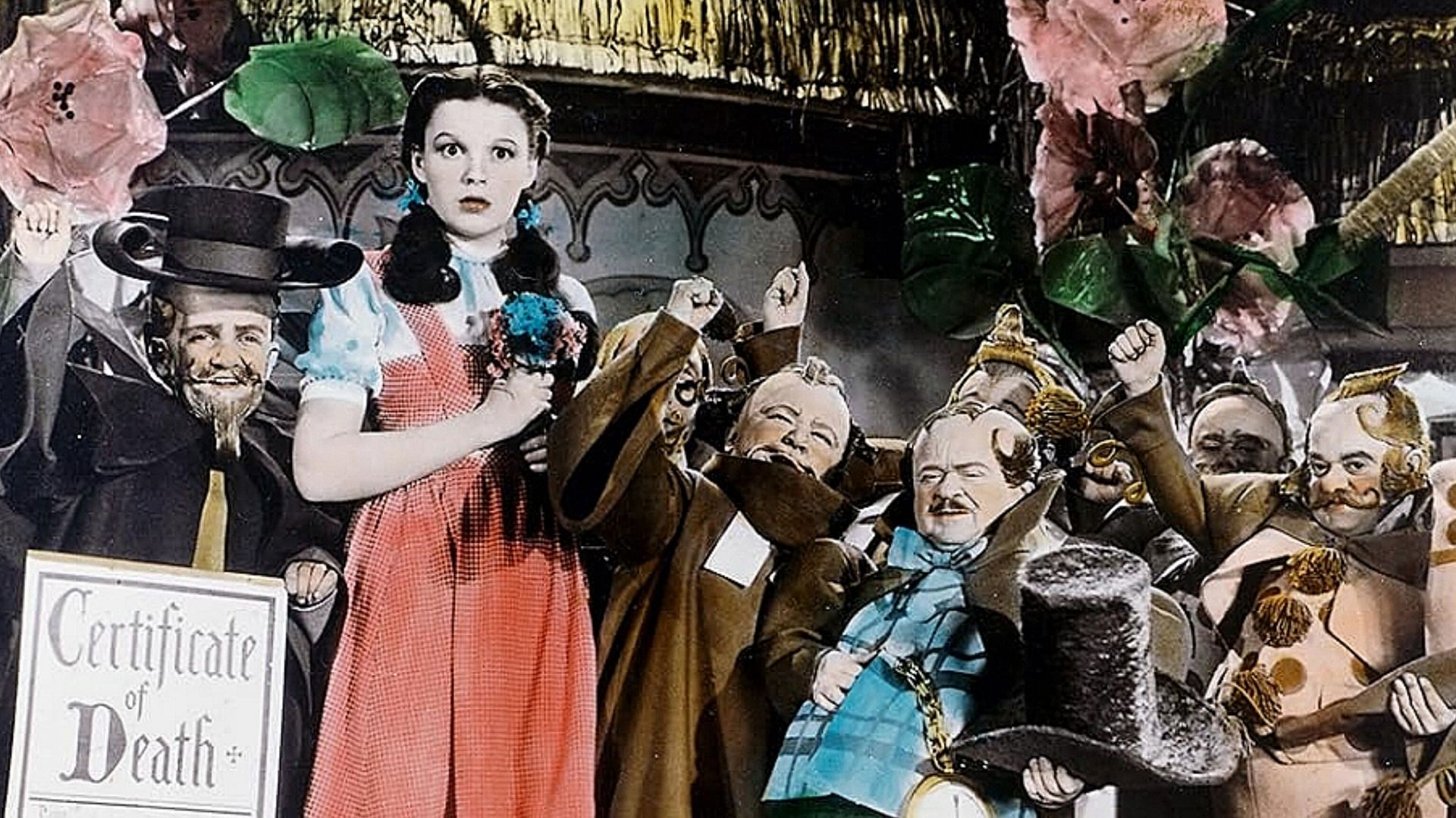 Judy Garland, Charles Becker, Lewis Croft, Harry Monty, Meinhardt Raabe, August Clarence Swenson, and Jakob Hofbaue in The Wizard of Oz ( image via Metro-Goldwyn-Mayer)