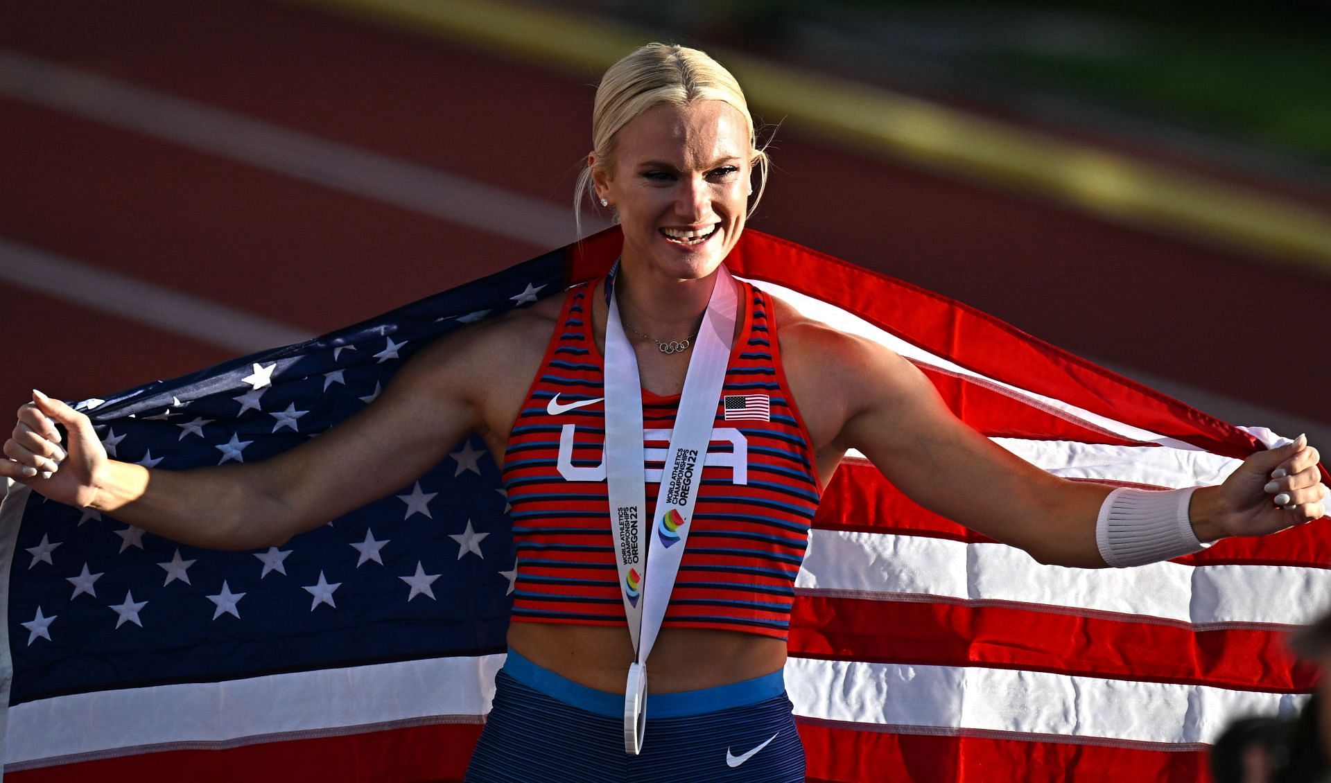 Katie Moon after winning gold in the women&#039;s pole vault at the World Athletics Championships 2022. (Photo via Getty Images)