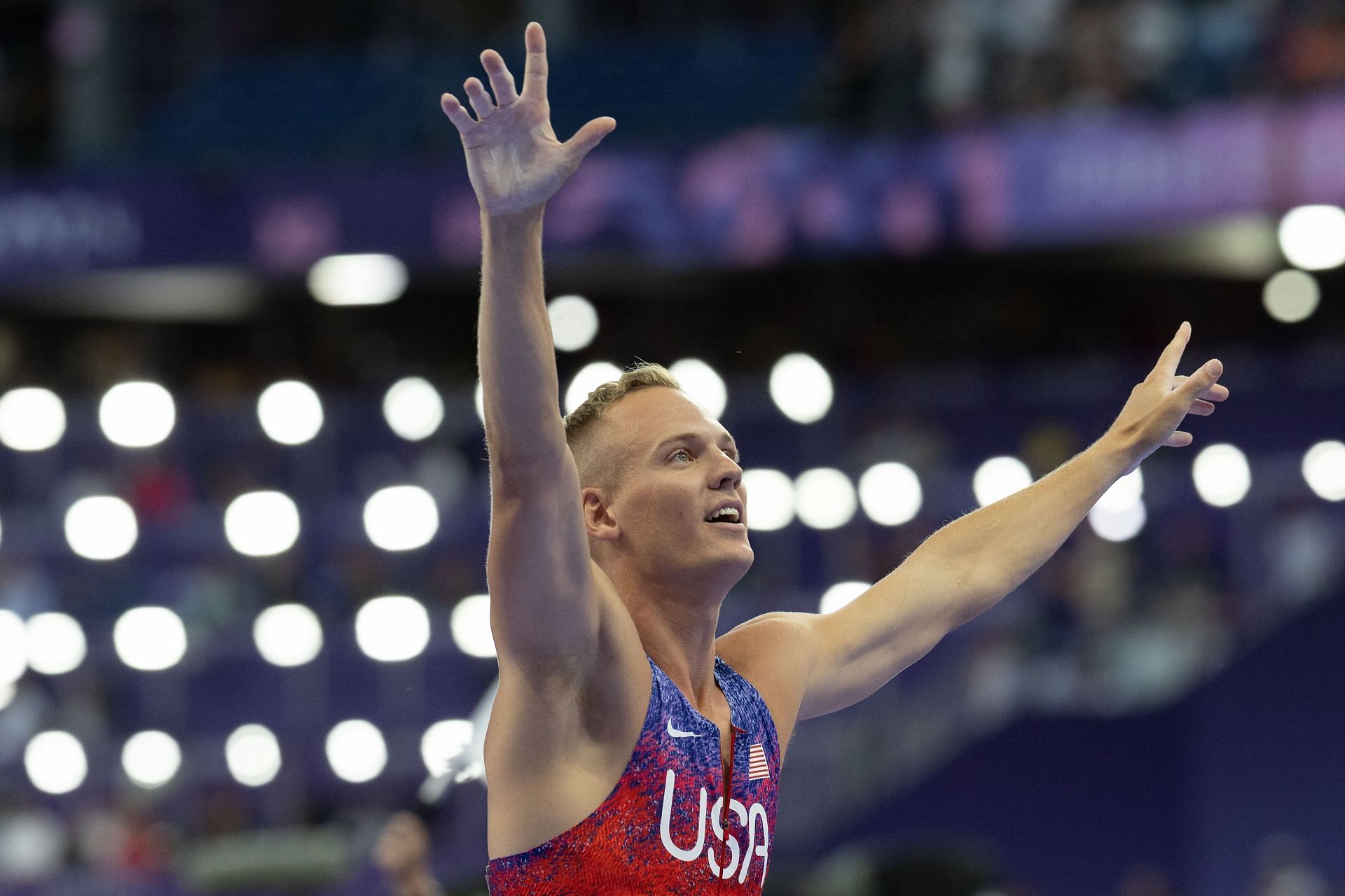 Sam Kendricks reacts to winning the silver medal during the Men&#039;s Pole Vault Final at the Olympic Games Paris 2024. (Photo via Getty Images)