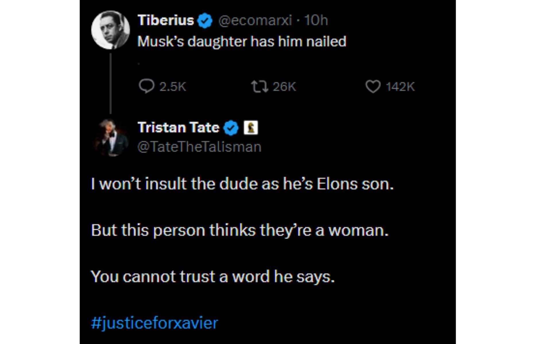 Tate&#039;s tweet regarding Musk&#039;s daughter [Image courtesy: @TateTheTalisman - X]