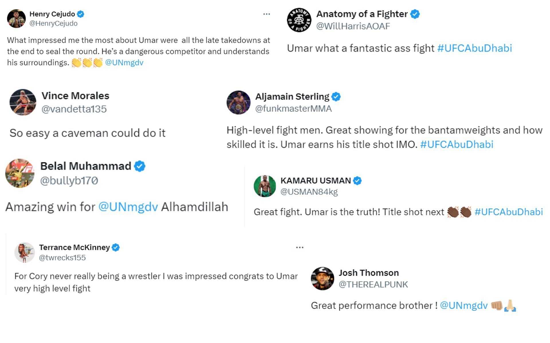 Pros react to Umar Nurmagomedov&#039;s win over Cory Sandhagen. [Images courtesy: Fighter accounts on X]