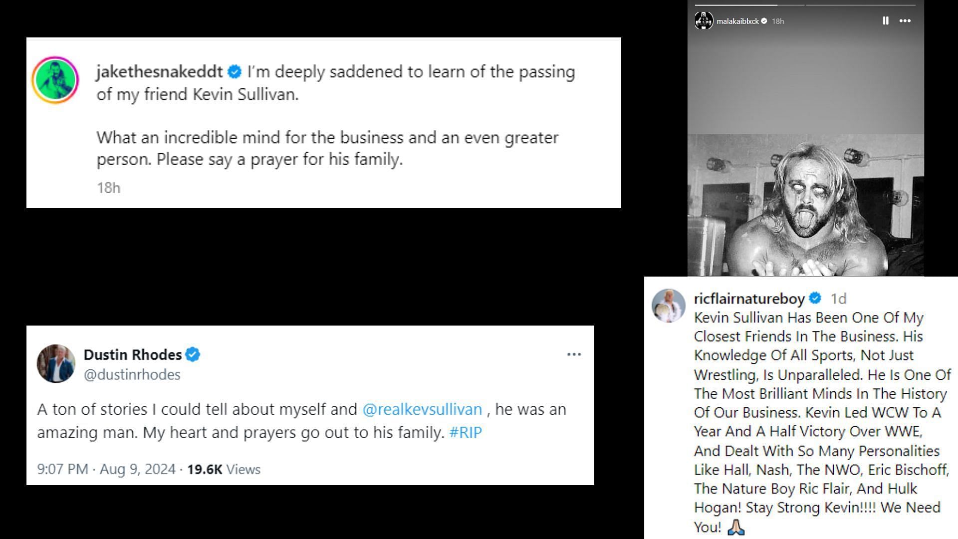 AEW and ex-AEW names reacting to Kevin Sullivan's passing. (Photo credit: Screenshots via. the mentioned personnel's official X/Instagram handles)