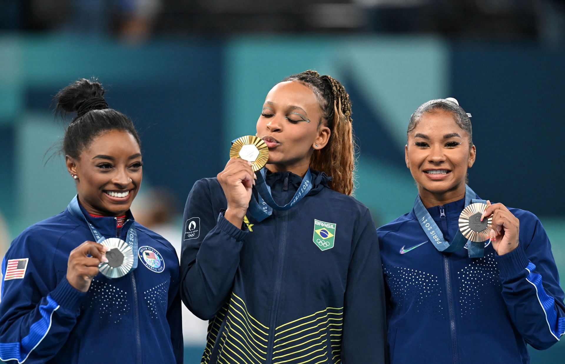 Simone Biles (L), Rebeca Andrade and Jordan Chiles at the 2024 Paris Olympics - Getty Images