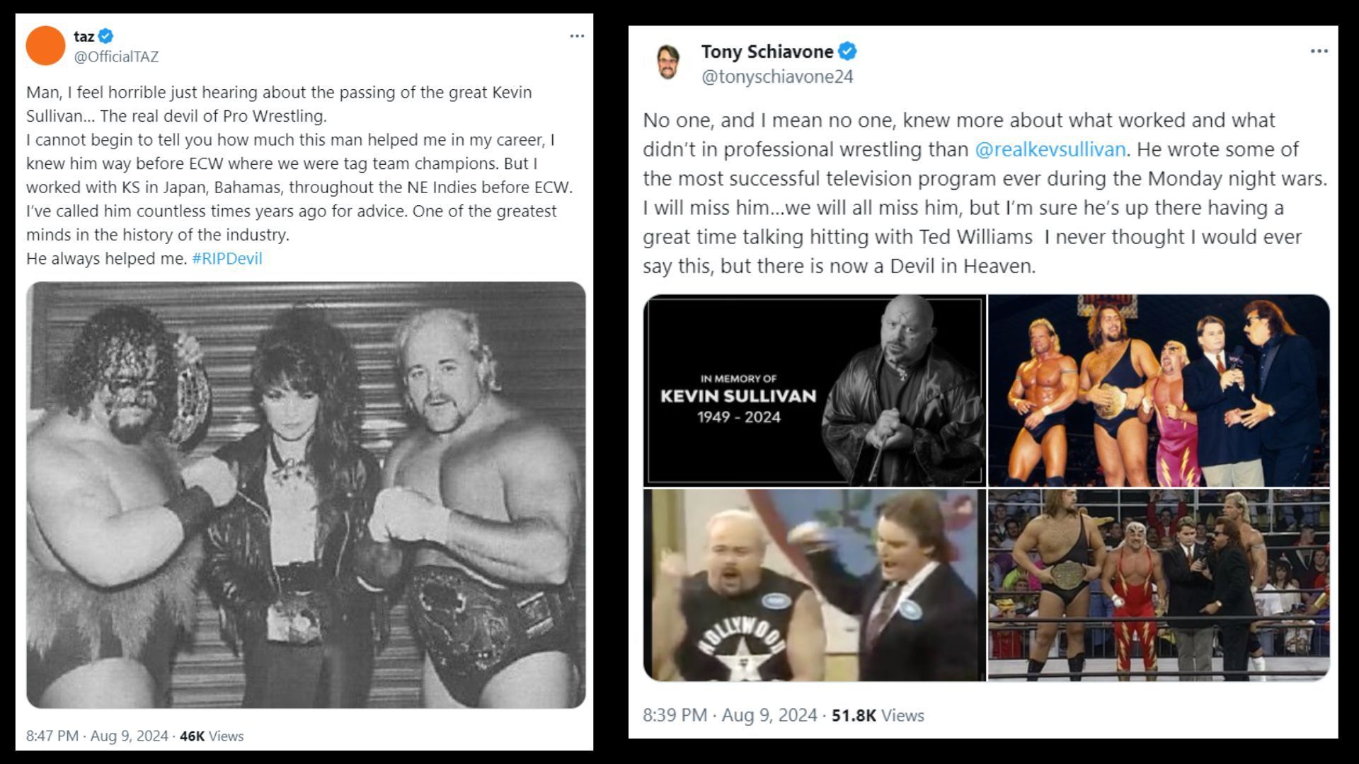 AEW names reacting to Kevin Sullivan&#039;s passing. (Photo credit: Screenshots via. the mentioned personnel&#039;s official X handles)