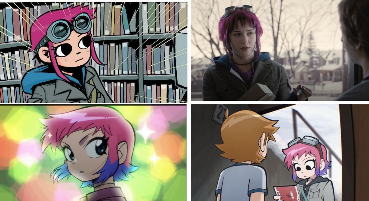 Ramona Flowers at the start of all Scott Pilgrim media (Image via Oni Press/Bryan O&#039;Malley, Universal Pictures, Science Saru)