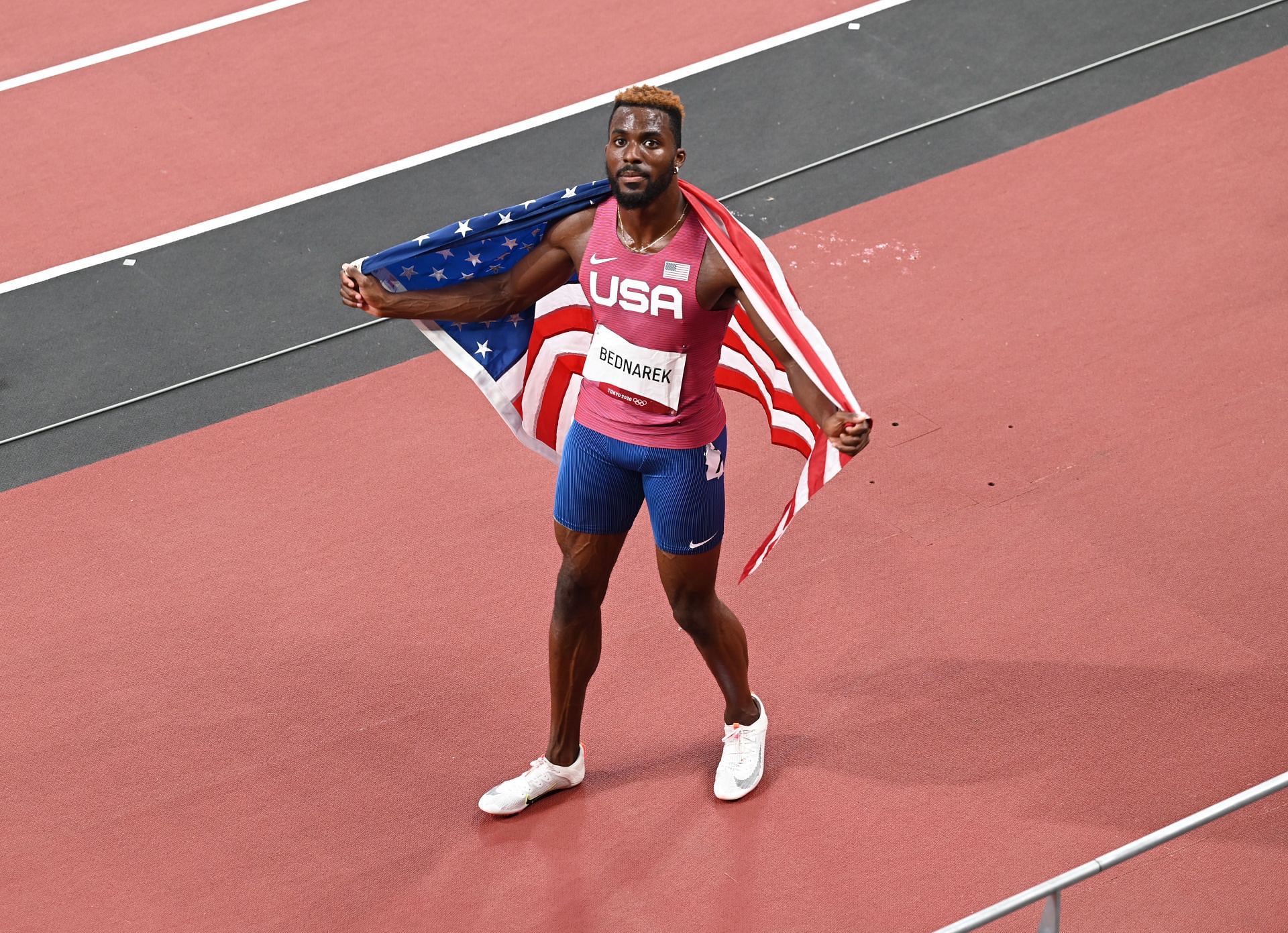 Kenny Bednarek celebrates after the Men&#039;s 200m Final during the Tokyo 2020 Olympic Games. (Photo via Getty Images)