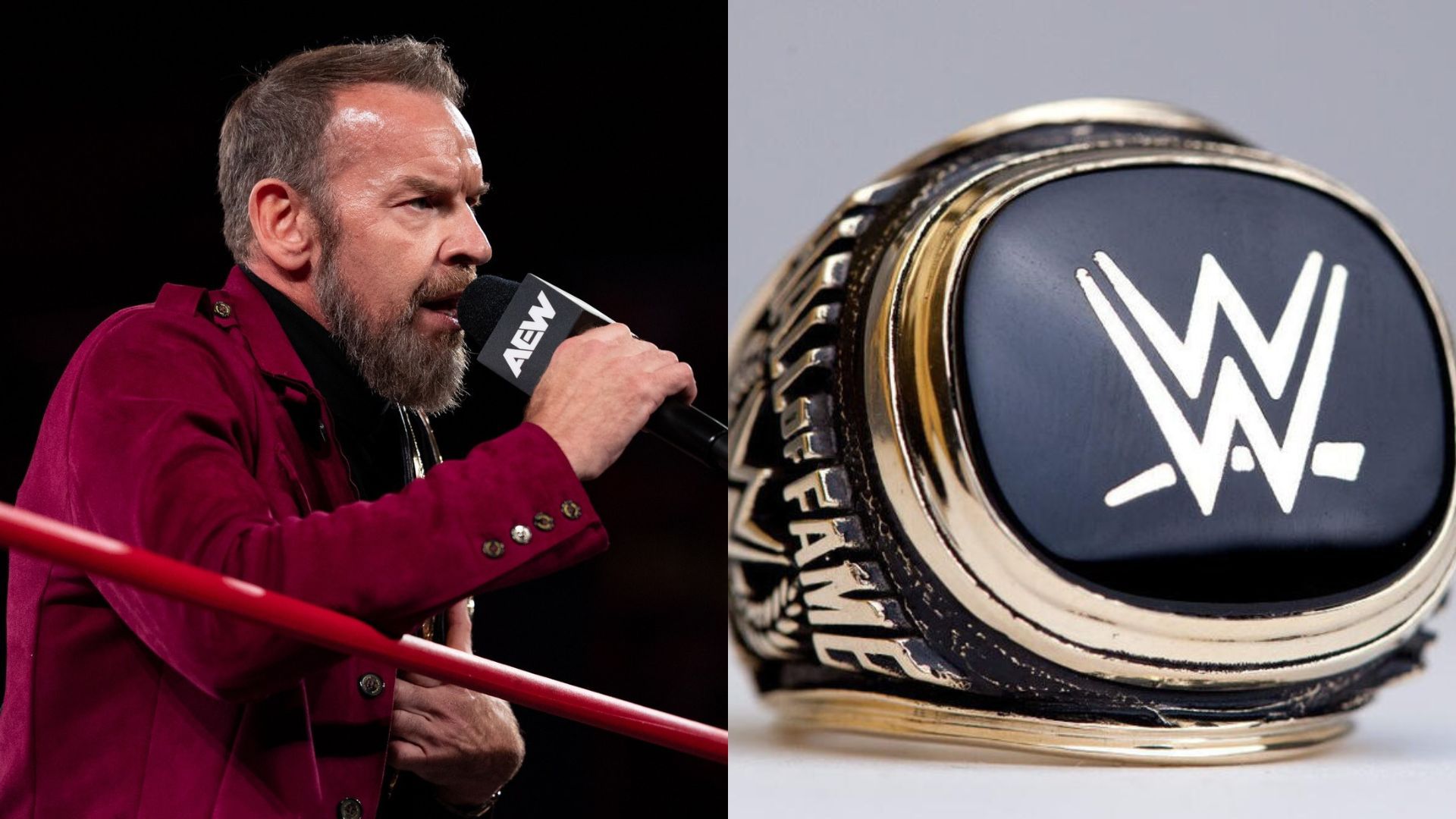 AEW star Christian Cage (left) and WWE Hall of Fame ring (right). (Image credits: AEW Facebook page &amp; wwe.com)