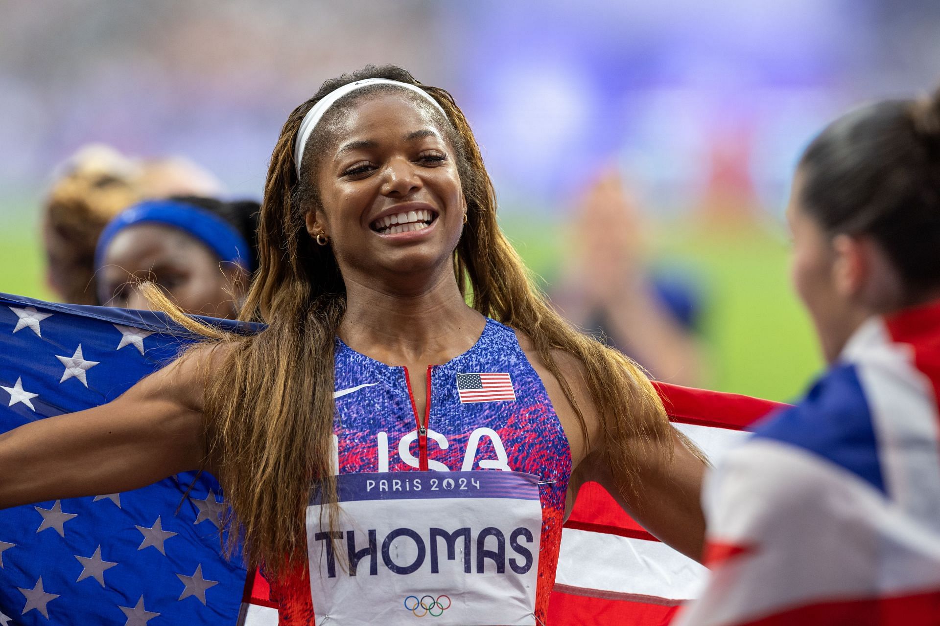 Thomas at the Women&#039;s 4x100m relays of the Paris Olympics (Image via Getty)