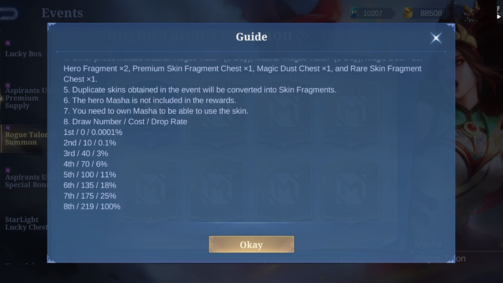 Drop rates for the Rogue Talon summon event (Image via Moonton Games)