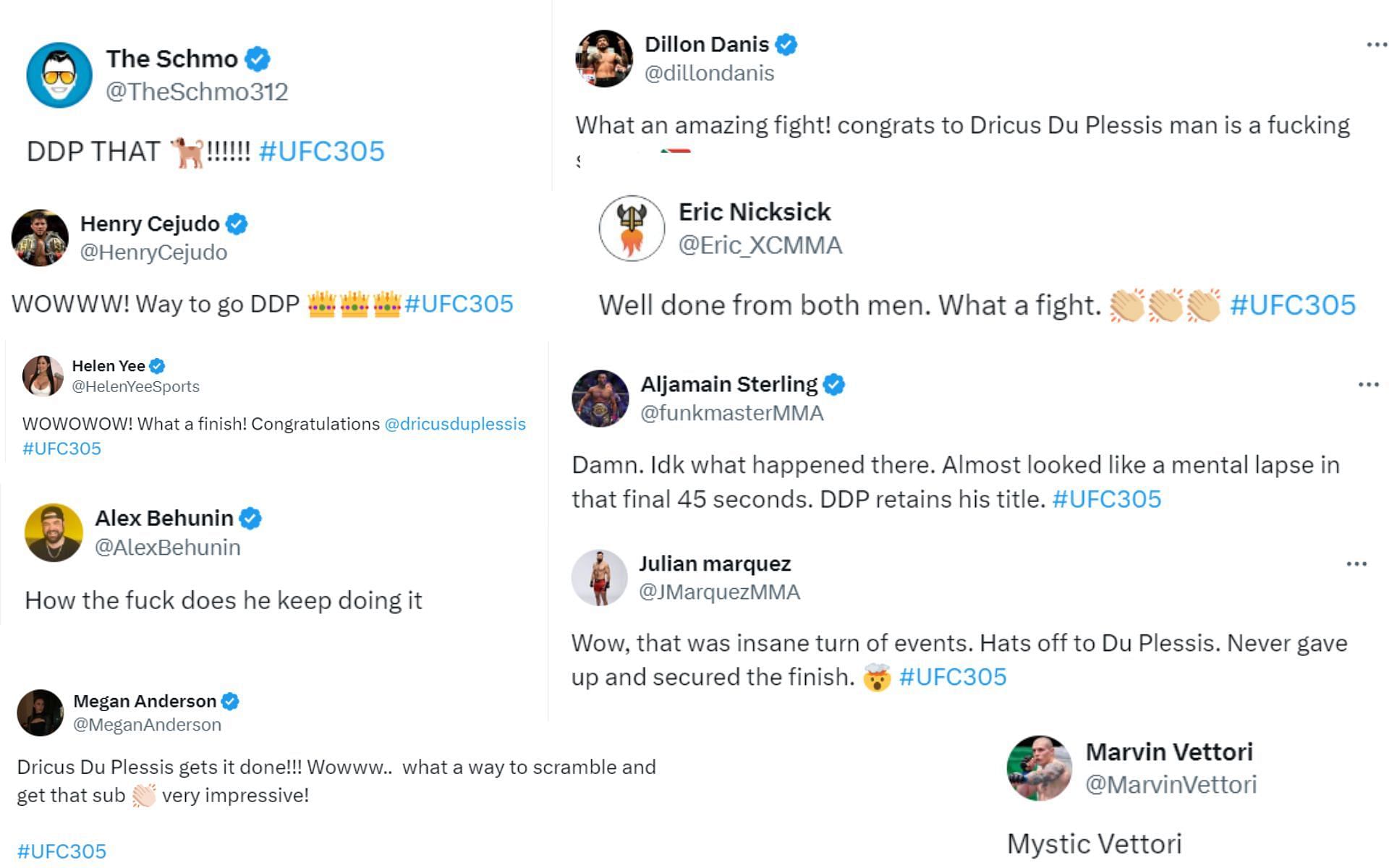 Pros react to Dricus du Plessis&#039; victory against Israel Adesanya. [Images courtesy: Fighter accounts on X]