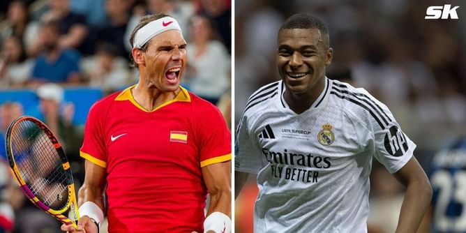 WATCH: Rafael Nadal receives Kylian Mbappe's Real Madrid jersey from the Frenchman himself; pair shares warm embrace