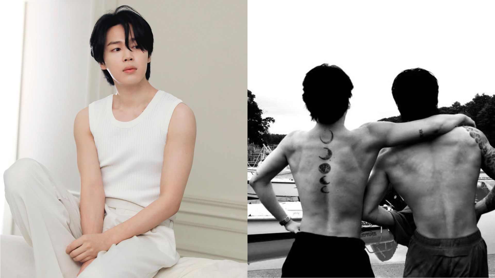 Jimin shows off his back tattoos (Images via Instagram/j.m and Weverse)