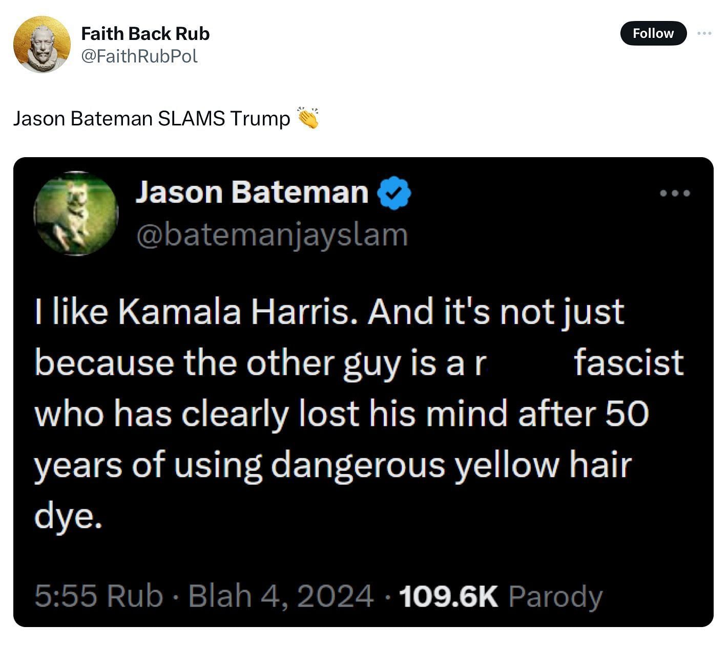 Screenshot of the X post allegedly posted by Jason Bateman (Image via X/@FaithRubPol)