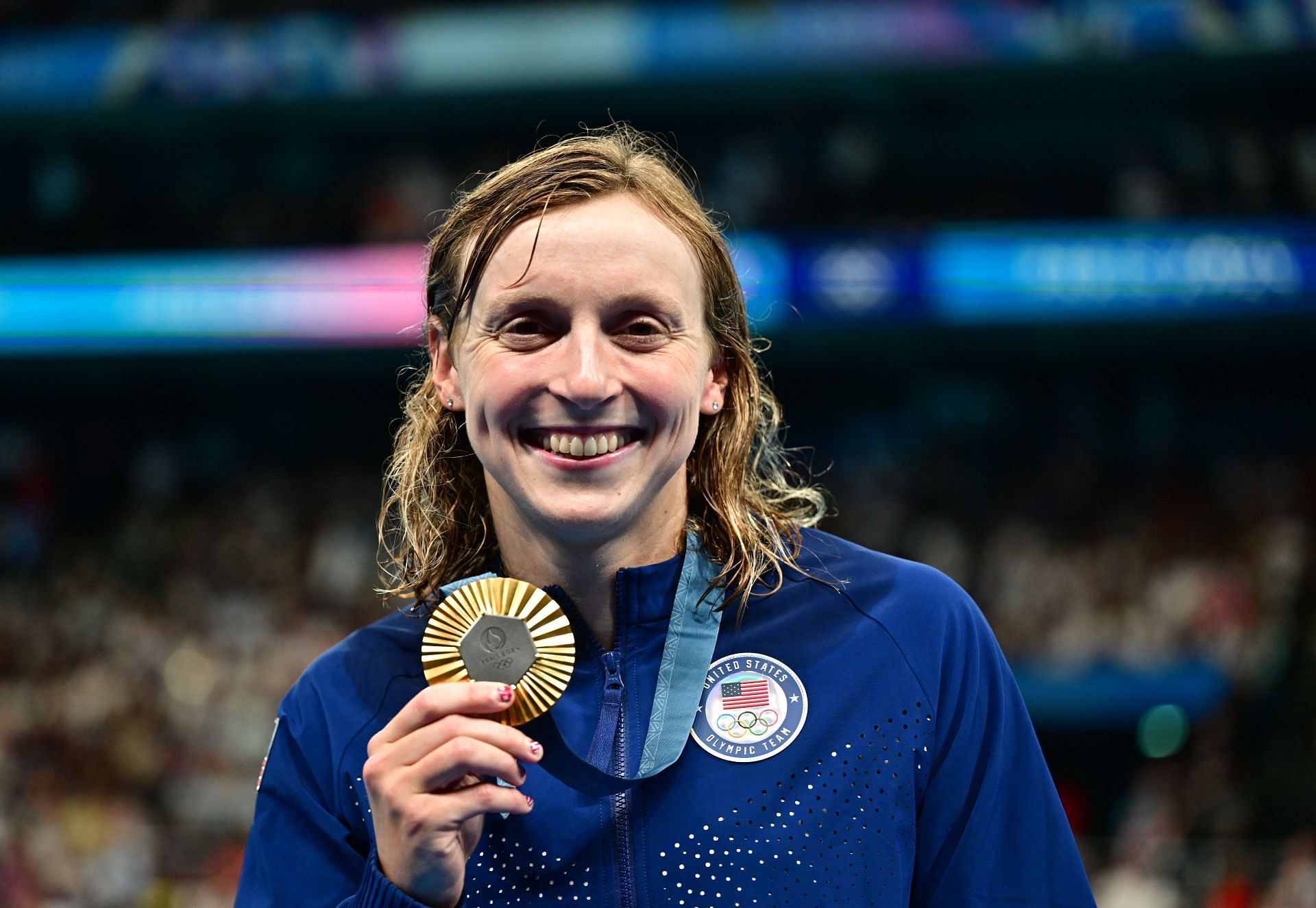 Katie Ledecky poses with her Gold medal after the Women&#039;s 1500m Freestyle Final at the Olympic Games 2024 in Paris, France. (Photo via Getty Images)