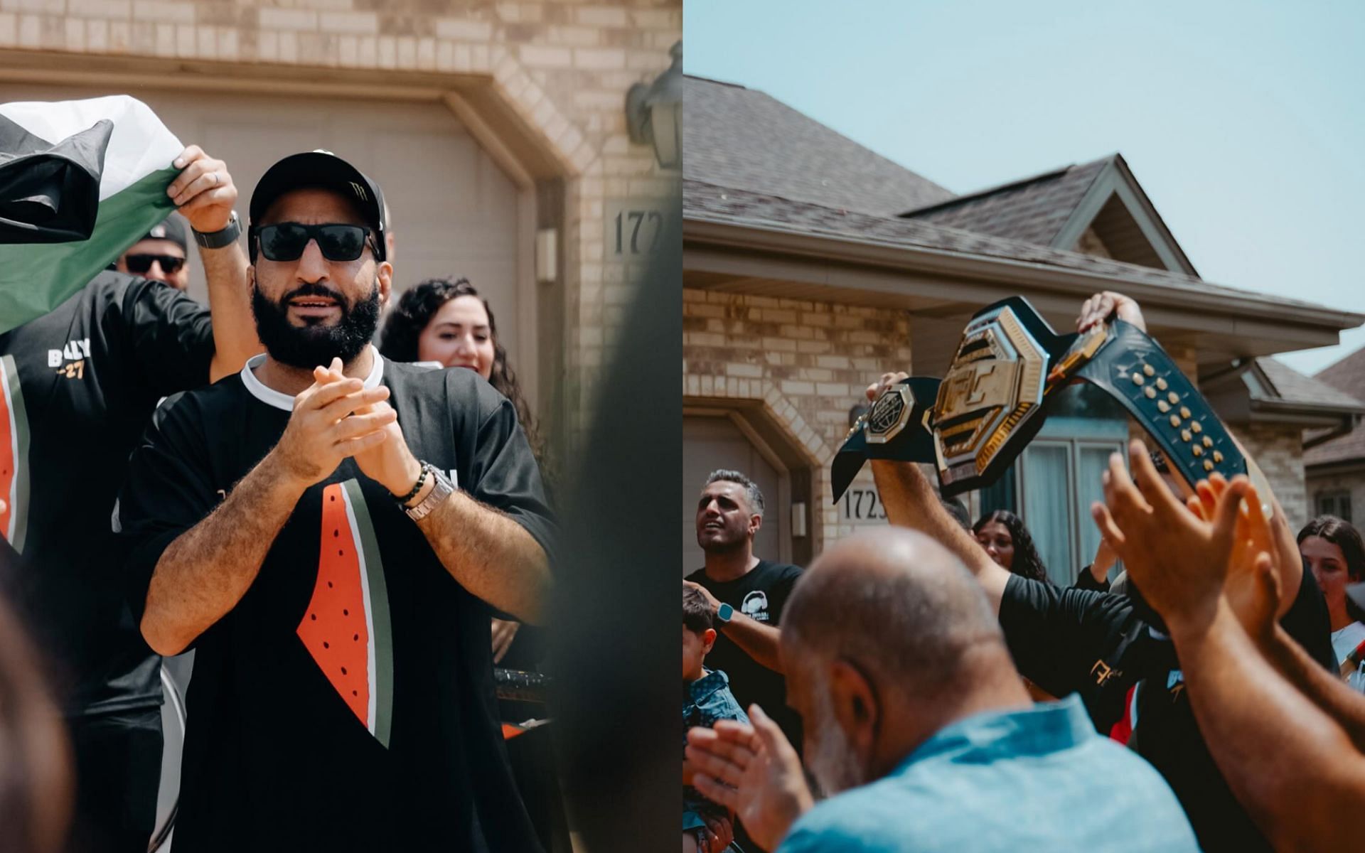 Belal Muhammad embracing his local fans (left) while showing off his new championship belt (right). [Image courtesy: @bullyb170 on Instagram]