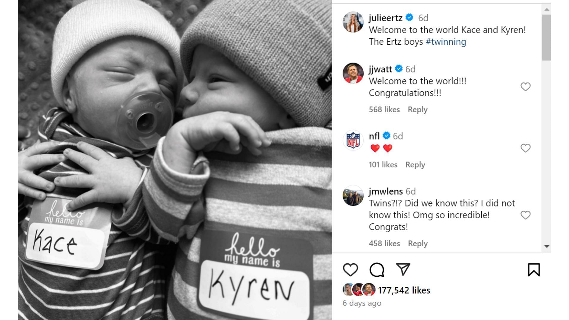 Commanders star Zach Ertz and wife Julie welcome twin boys to the world [Image credit: @julieertz IG]