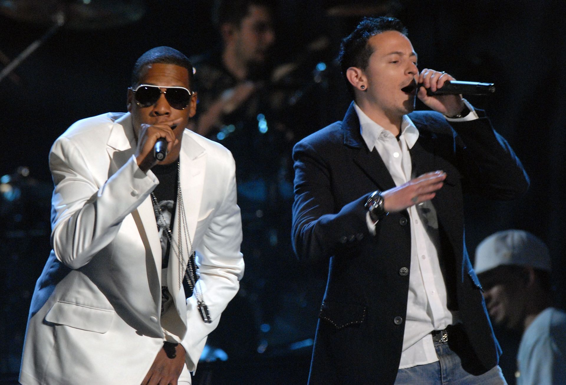 Jay-Z and Chester Bennington perform &quot;Numb/Encore&quot; at the Grammy Awards in Los Angeles, February 8, 2006. (Image via Getty/Bob Riha, Jr.)