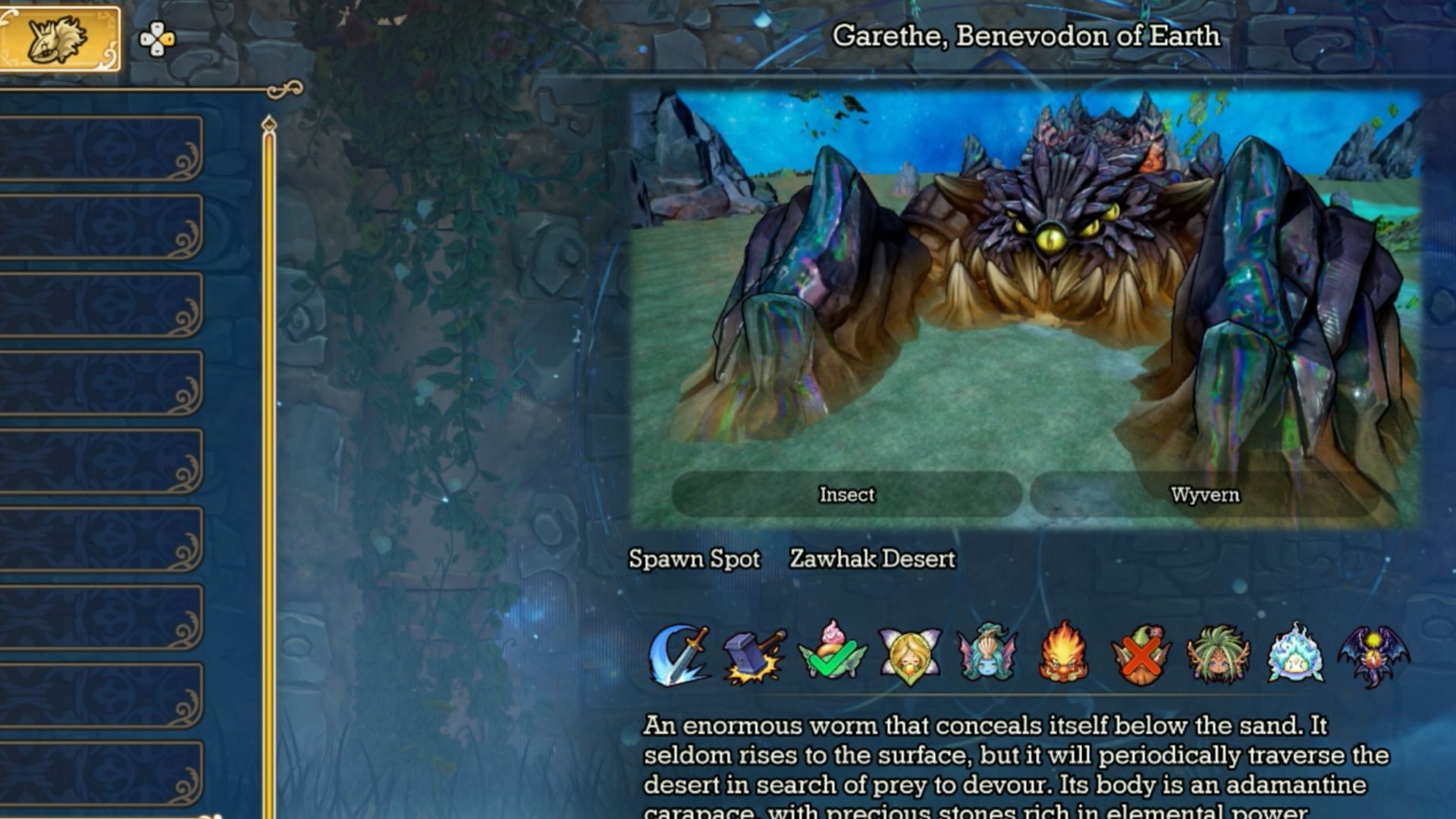 The stats for Garethe, Benevodon of Earth (Image via Square Enix)