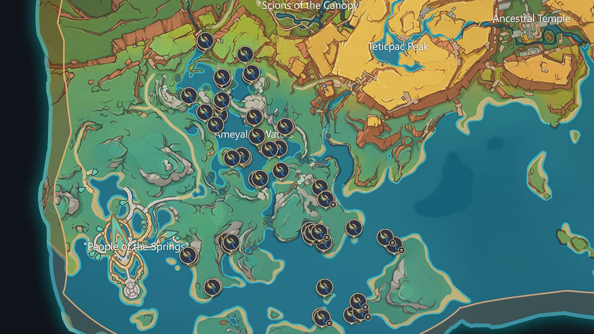 All Sprayfeather Gill locations in Natlan, as displayed in the Interactive map (Image via HoYoverse)