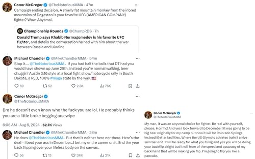 Screenshots of Conor McGregor and Michael Chandler's post on X