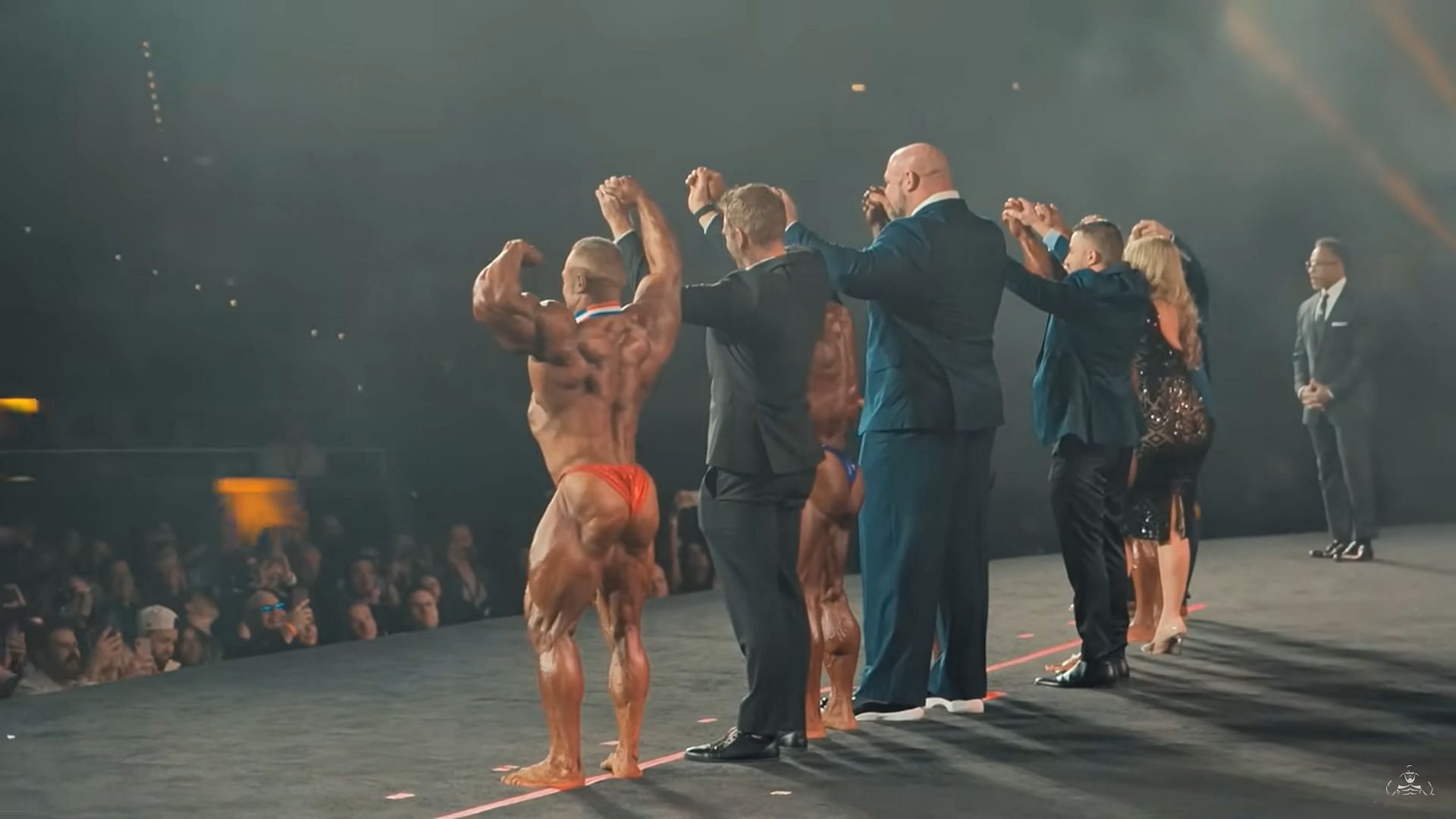 At the Mr. Olympia stage with all winners; via @Shawstrength on YouTube