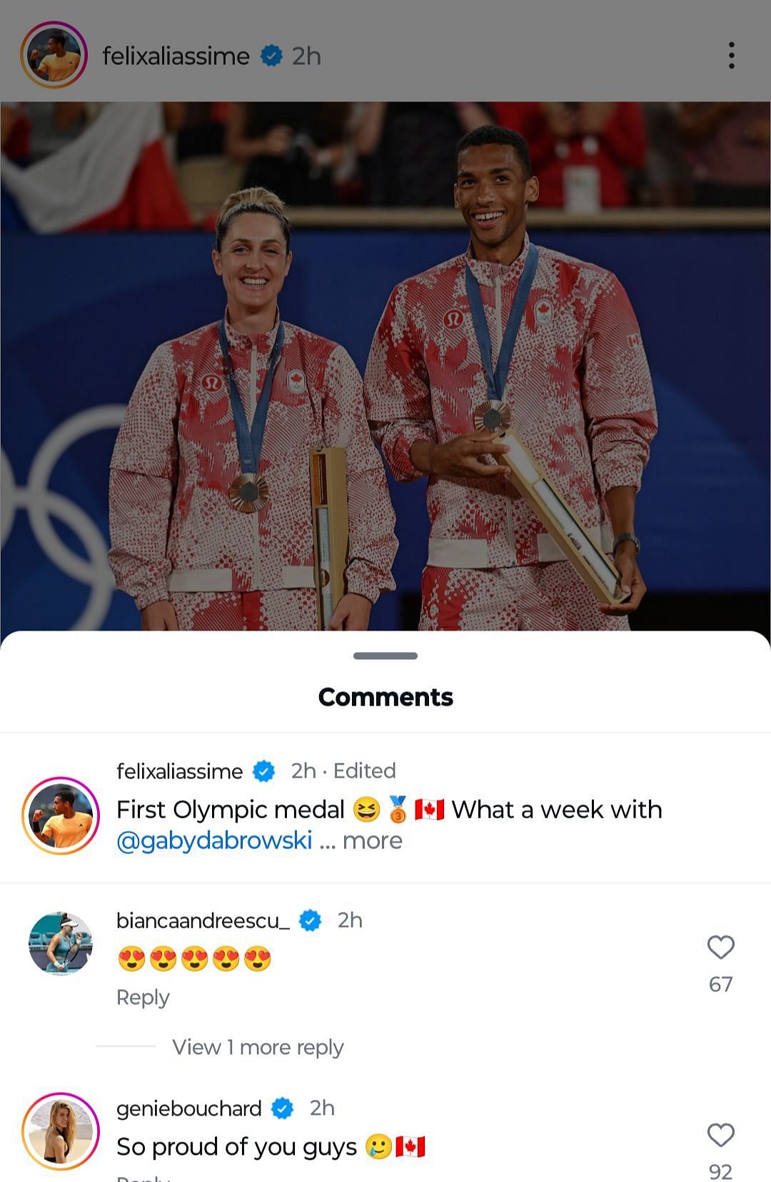 Eugenie Bouchard and Bianca Andreescu comment on Felix Auger-Aliassime&#039;s post. (Instagram @felixaliassime)