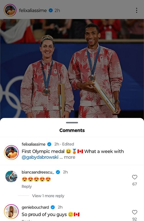 Eugenie Bouchard and Bianca Andreescu comment on Felix Auger-Aliassime's post. (Instagram @felixaliassime)