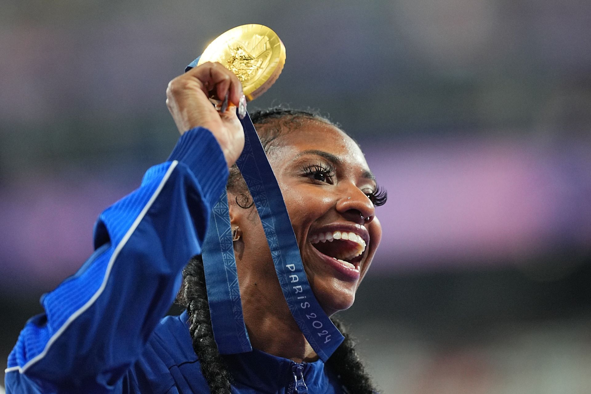 Masai Russell of the USA celebrates after winning Gold during the Women&#039;s 100m Hurdles Final at the Olympic Games in Paris, France. (Photo via Getty Images)