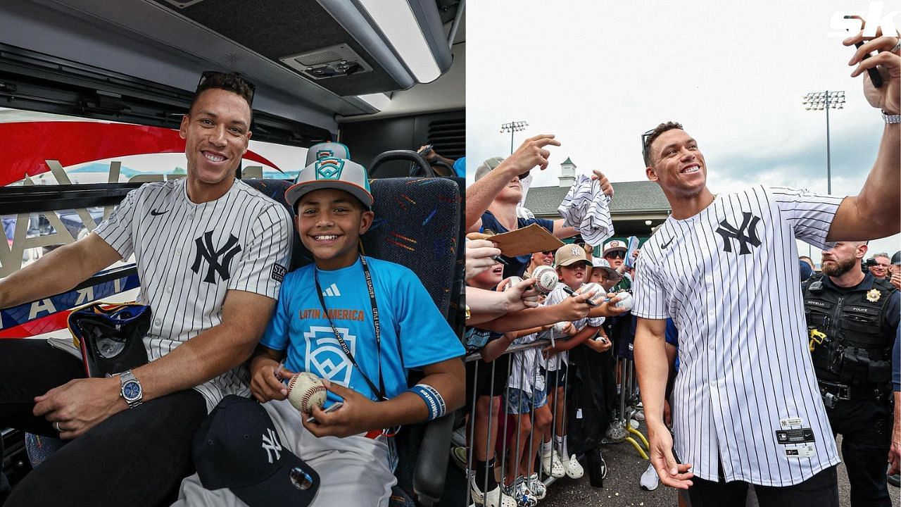 Aaron Judge shows off special cap he swapped with Little Leaguers at Yankees press conference. Credit: Yankees/Instagram