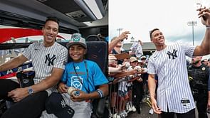 Aaron Judge shows off special cap he swapped with Little Leaguers at Yankees press conference