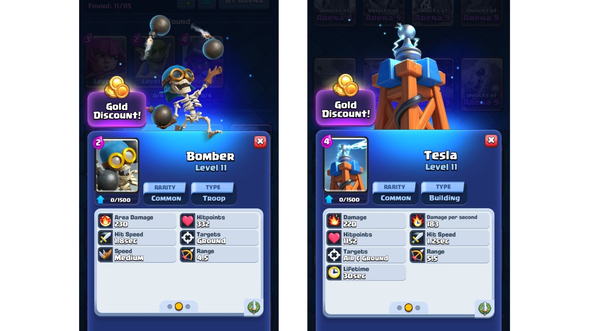 The stats of Bomber and Tesla (Image via Supercell)