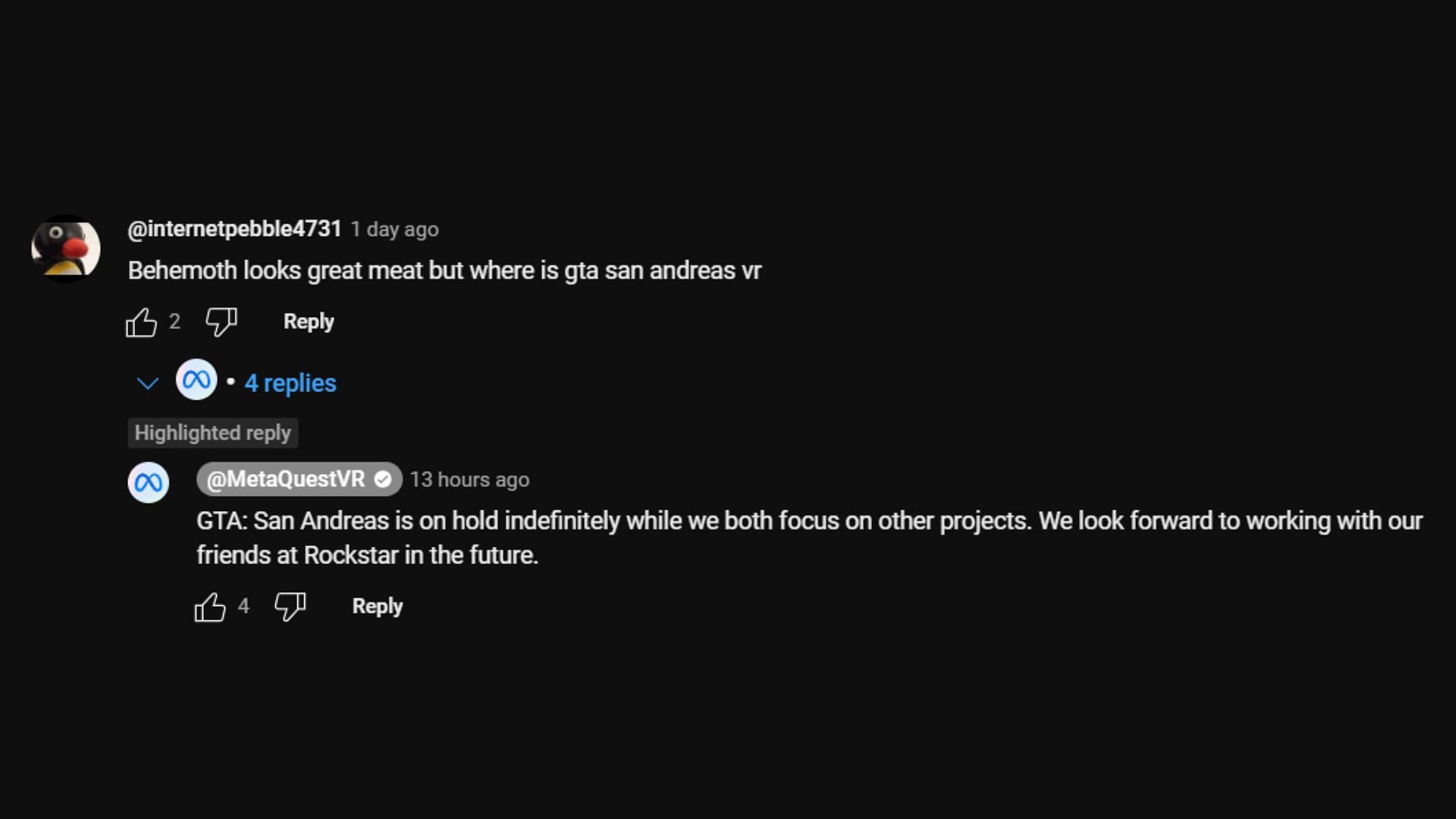 Meta&rsquo;s official status on the San Andreas VR project (Image via YouTube)