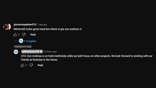 Meta’s official status on the San Andreas VR project (Image via YouTube)