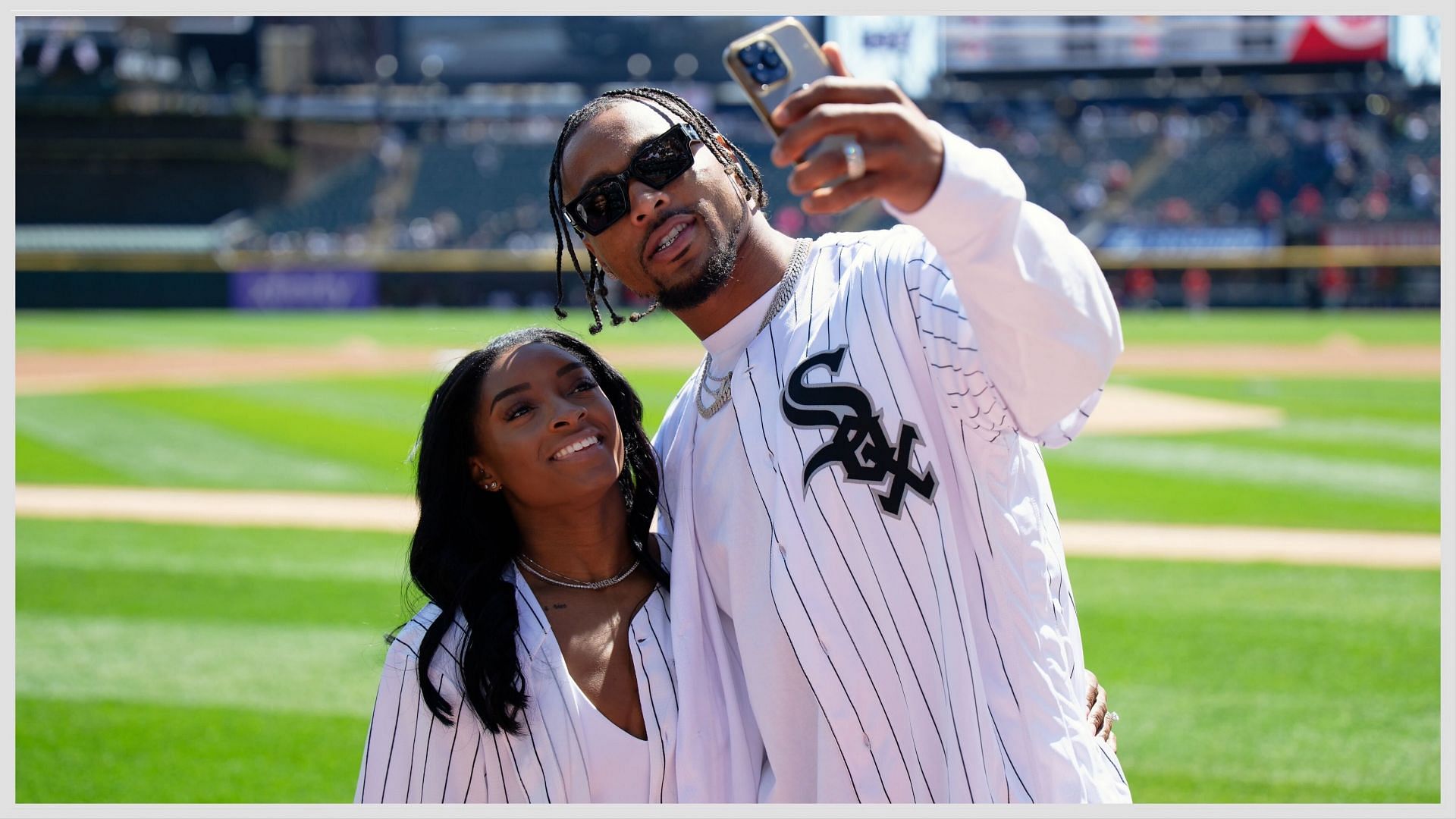 Simone Biles poses with Jonathan Owens in a matching attire [Image Source : Getty]