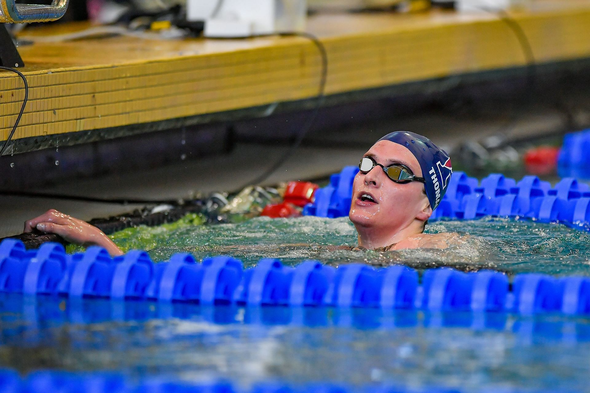 Lia Thomas reacts after winning the women&#039;s 500-yard freestyle race at the NCAA Championships 2022 [Image Source: Getty]