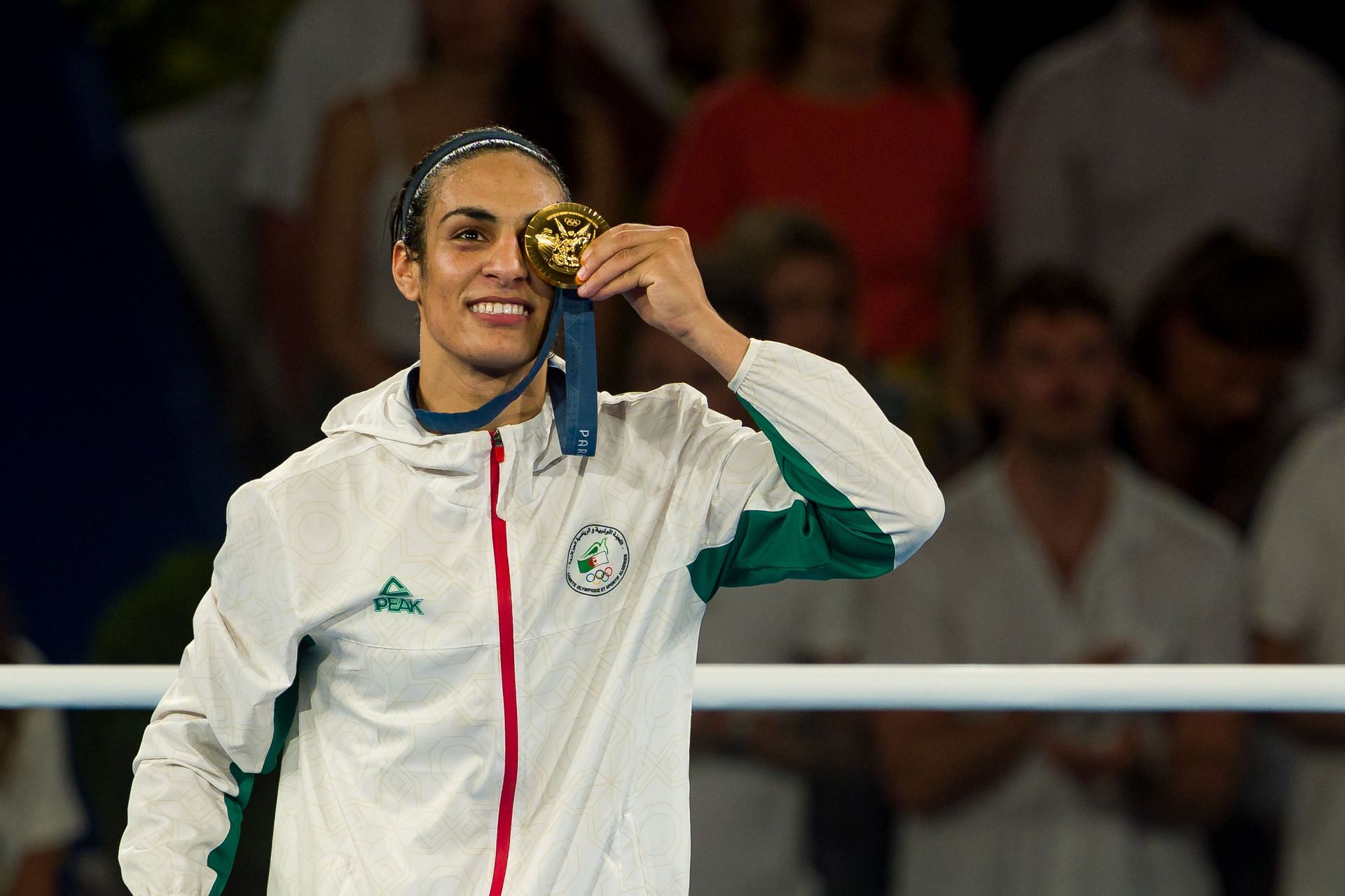 Imane Khelif of Algeria celebrates during the Boxing Women&#039;s 66kg medal ceremony after the Boxing Women&#039;s 66kg final at the Olympic Games 2024 in Paris (Photo by Getty Images)