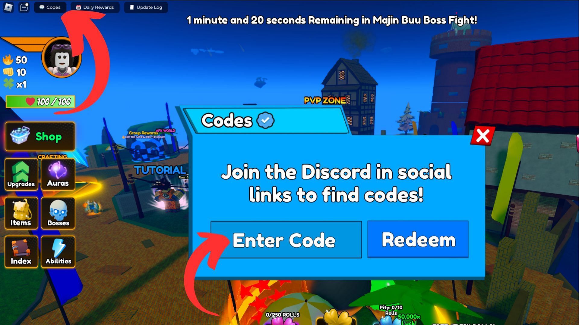 Redeem codes in Dragon Ball RNG (Image via Roblox || Sportskeeda)