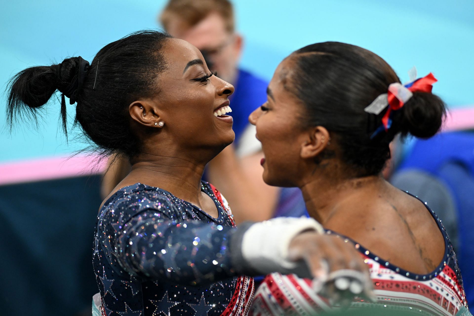 Simone Biles (L) and Jordan Chiles (R). (Photo by Marijan Murat/picture alliance via Getty Images)