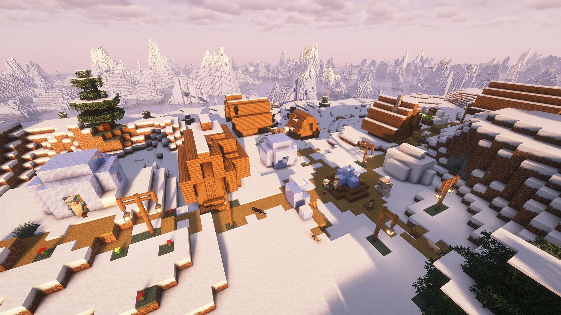 An idyllic snowy village in front of a frozen ocean (Image via Mojang)