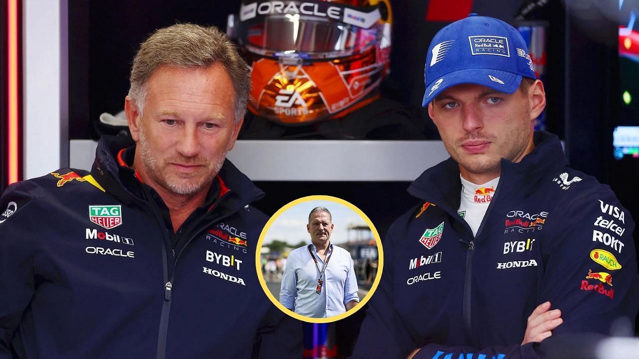 Christian Horner and Max Verstappen. (from Left) Jos Verstappen (circle) Credit: Getty Images. 