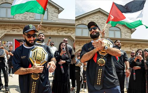 Belal Muhammad celebrating in Chicago with the UFC belt and a Palestinian flag. [Image courtesy: @bullyb170 on Instagram]