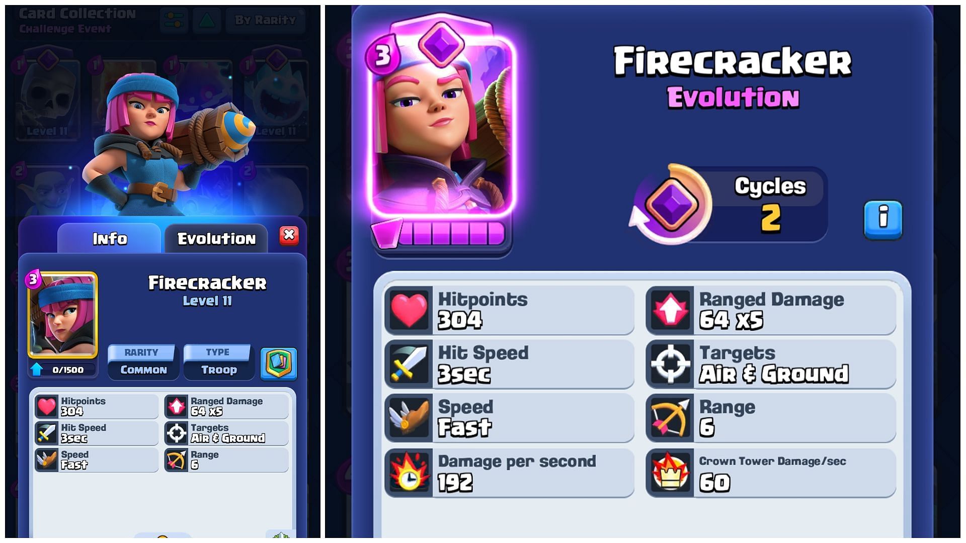 Stats of normal and Evolved Firecrackers in Clash Royale (Image via Supercell)