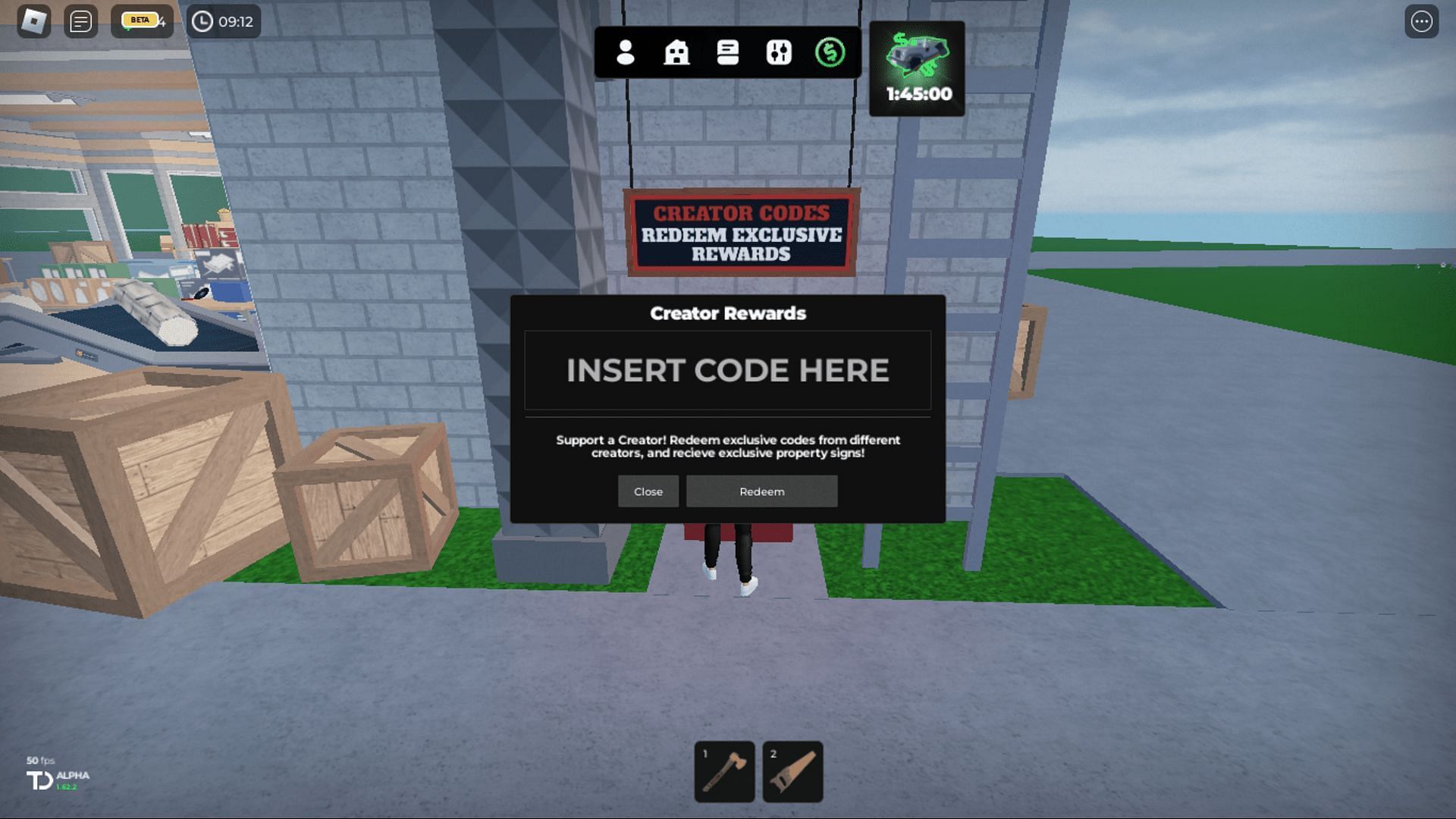 Redeem codes in Oaklands (Image via Roblox)