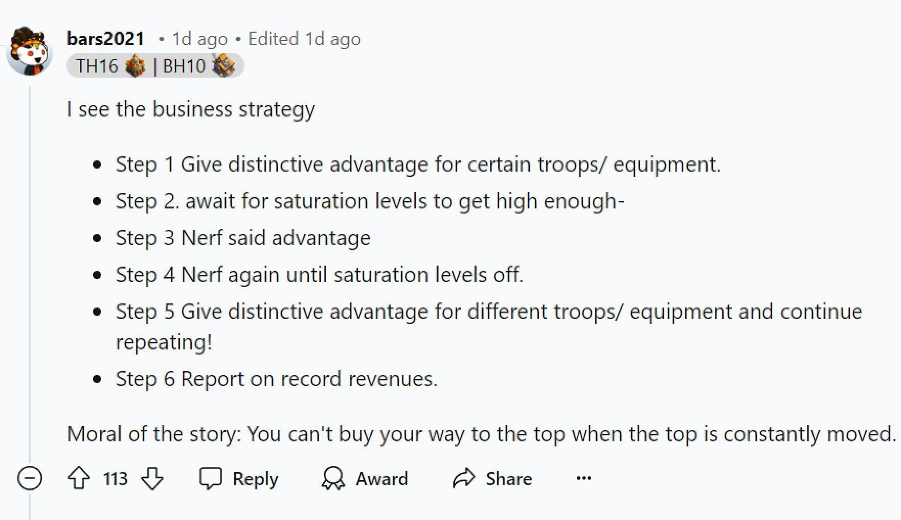 A Redditor, bars2021, believes the game has been turned into a business strategy (Image via Reddit)